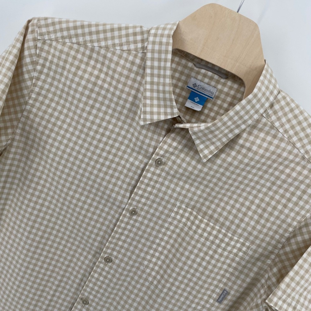 Columbia Mens XXL Tan Gingham Plaid Short Sleeve Button Down Shirt Cotton
